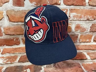 Vintage Cleveland Indians Big Logo Wahoo Spellout The Game Snapback Hat 90s NOS • $124.99