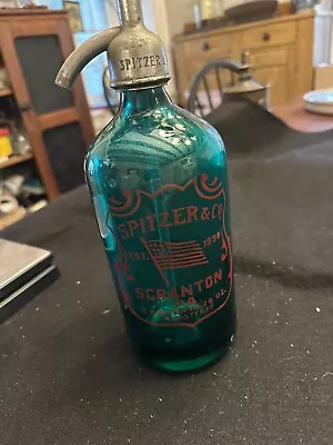 Vintage Spitzer Scranton PA Green Seltzer Bottle - American Flag Logo • $85