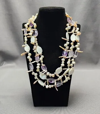 Purple Quartz Baroque Pearls & Mother Of Pearl Chip 3-Strand Beaded Necklace 18  • $35