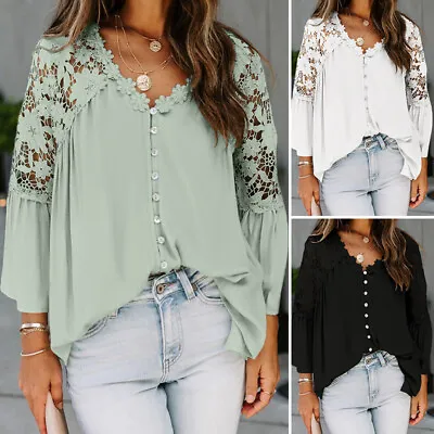 £14.09 • Buy UK Womens Vintage V Neck Button Up Solid Tops Lace Crochet Loose Shirt Blouse