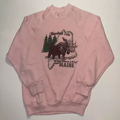 Vintage Moosehead Lake Maine Moose Nature Graphic Sweatshirt 80s USA Sz S Pink • $49.95