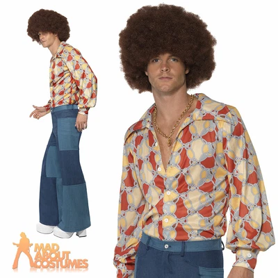 £22.99 • Buy Adult 70s Mens Patchwork Trousers Hippy Denim Flared Disco Fancy Dress Outfit 