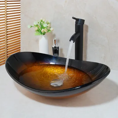 £145 • Buy Tempered Glass Oval Basin Bowl Vessel Sink Mixer Waterfall Faucet Drain Set
