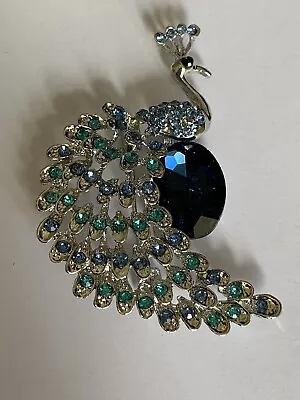 Rhinestone Crystal Silver Blue Peacock Bird Brooch Pin Jewellery + Gift Bag • £2.99