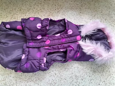 Pretty Wag A Tude Purple Quilted Hooded Spotty Dog Coat With Fur Trim & Bow XS • £2.99