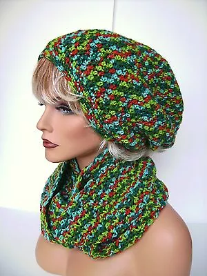 Multi Color Hand Crochet Rasta Hat Infinity Scarf Set Baggy Slouchy Baggie Tam  • $34.99
