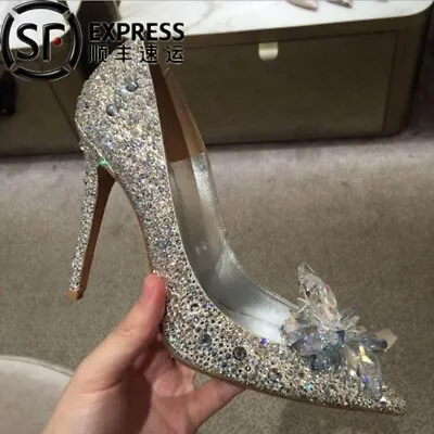 7CM/9cmWomen Silver Cinderella Wedding Diamond Pumps Crystal High Heels Shoes • £59.02