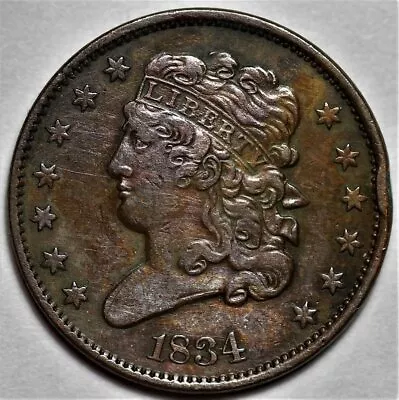 1834 Classic Head Half Cent - US 1/2c Copper Penny Coin - L43 • $101.99