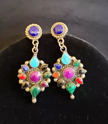 Taxco Mexican 925 Sterling Silver Dangle Earrings With Multi Gemstones TD-118 • $44.99