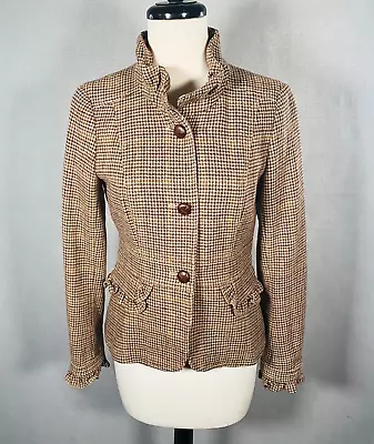 J Crew Blazer Womens 2 Brown Wool Blend Houndstooth Jacket Ruffle • $39.89