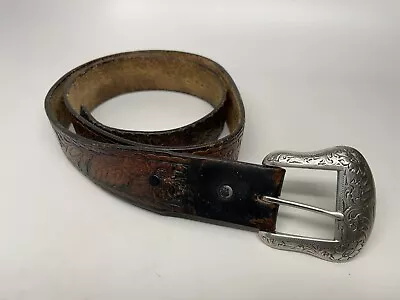 Vintage Lyntone Western Belt Hand Stained Leather Men's 30 Brown Floral • $20