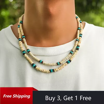 Mens Beaded Necklace Wooden Turquoise Bohemian Boho Beach Surfer Jewellery Gifts • £4.59