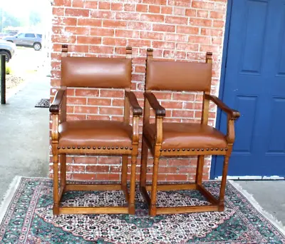 Pair Of French Antique  Oak Henry II  Leather Upholstered Chairs • $1600