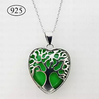 Green Jade Necklace Tree Of Life Heart Pendant 925 Sterling Silver Chain • £5.95