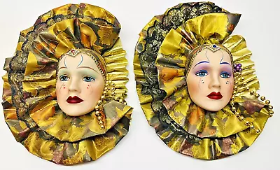 Vintage Set Of 2 Wall Hanging Venetian Carnival Porcelain Masks 12  X 8.5  • $49