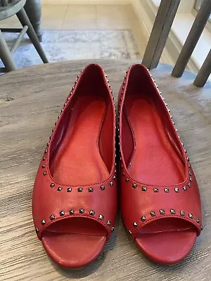 COLE HAAN Women's 9.5 B Red Studded Leather Peep Toe Flats Shoes-great Condition • $12