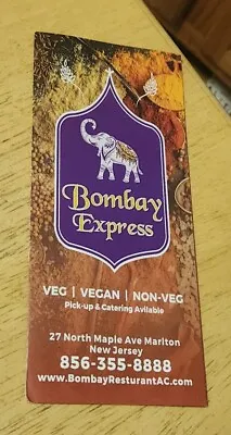 Bombay Express Menu Ephemera Marlton NJ Elephant Asian Indian Vegan Foodie Food • $19.97