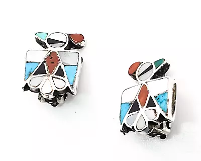 Thunderbird Zuni Native American NA Sterling Silver Inlay Vintage Clip On Earrin • $54