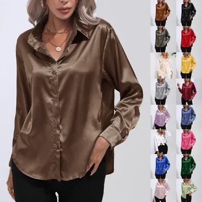 Womens Satin Silk Solid Shirt Ladies Casual Baggy Button-up OL Work Blouse Tops • £10.89