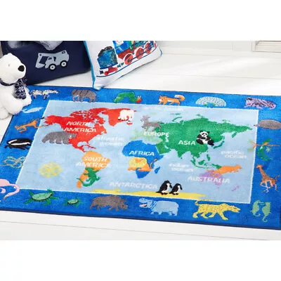 Multi-Color Educational Area Rug Kids World Map Playmat Animals Children Rug • $44.89