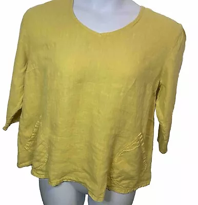 Match Point Yellow Size Small 100% Linen Oversized Lagenlook Top Patch Pockets • $26