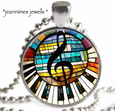 Treble Clef NECKLACE Piano Keys Music Faux Stained Glass Silver Charm Pendant • $21.99