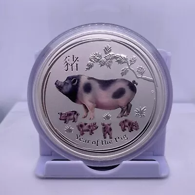 5 Oz 2019 Lunar Year Of The Pig Colourised 999 Fine Silver Coin Perth Mint • £119