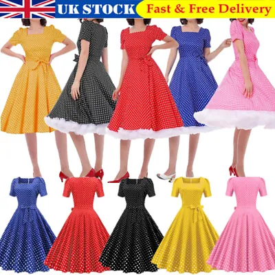 Womens Retro 50/60s A-line Polka Dot Bows Belt Party Cocktail Housewife Dress UK • £15.38