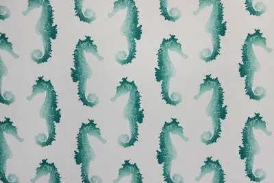 P/kaufman Seahorse Print Indoor Outdoor Fabric By The Yard Turquoise White • $28