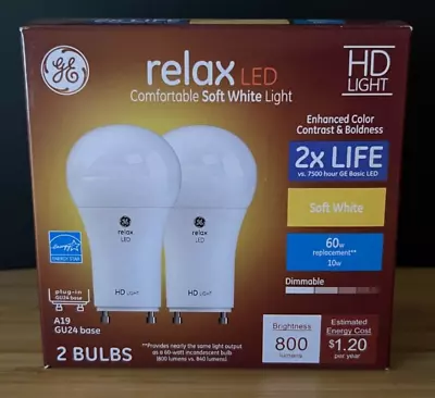 GE LED Bulb Relax HD Light 800 Lumens 60w 10.5w A19 GU24 Base (2 Bulbs) Plug In • $9.99