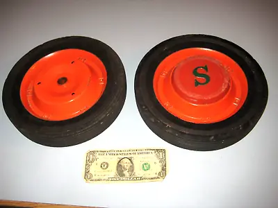 2 VINTAGE RED METAL WAGON CART WHEELS 9 3/4” Tall Hard Rubber W/  S Center Cap • $44.99