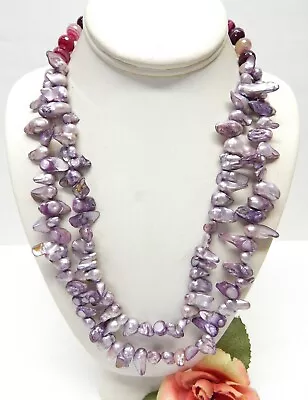 Multi Strand Purple Freeform Blister Pearl & Lace Agate Stone Bead Necklace 20  • $9.99
