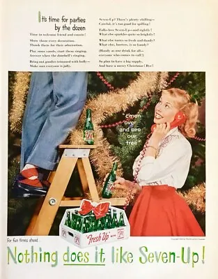 1959 7up Soda Christmas PRINT AD Time For Parties By Th Dozen Tree Teen On Phone • $9.85