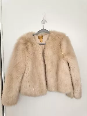 H & M FAUX Cream Beige FAUX FUR GLAM RAVE FURRY CHUBBY JACKET SIZE S Gently Used • $59.99