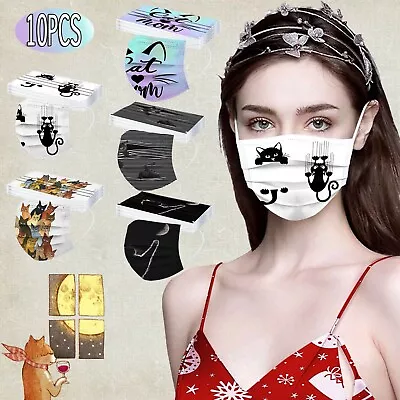 10PCS Women Man Cat Print Disposable Face Mask 3Ply Ear Loop Anti-PM2.5 Mask • $15.12