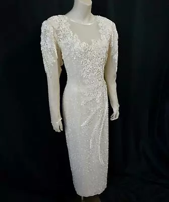DRAMATIC BEADED Embr SILK Vintage 80s COLUMN EVENING GOWN PARTY DRESS - S / M • $59