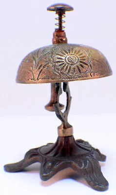 Solid Brass Ornate Hotel Or Working Desk Bell Antique Patina On Stand #K580 • $38.50