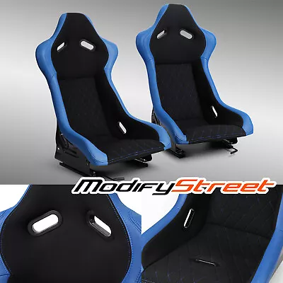 Universal Main Black+Blue Side PVC Sport Reclinable Racing Seats Pair Left+Right • $314.98