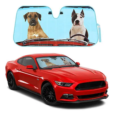2 Dogs Driving Car Sun Shade - Boxer Pitbull Auto SUVs Van Windshield Cover • $17.95