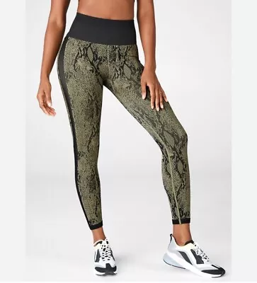 Fabletics Black & Gold Snake Print Ankle Leggings Wide Black Waistband Small • $39