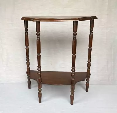 Vintage Antique Half Moon Walnut Wood Side Table With Shelf And Scalloped Edge • $79.99