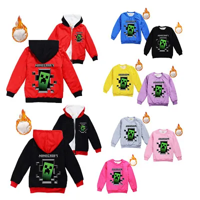 Kids Minecraft Hooded Fleece Jacke Boys Girls Zip Warm Sweatshirt Age 4-11 Years • £13.65