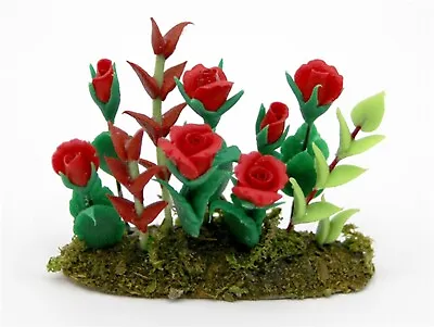 Red Roses In A Garden Flower Bed Tumdee 1:12 Scale Dolls House Miniature FL82  • $7.57