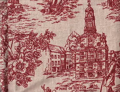 VTG Reclaimed Linen Drapery Fabric Red Toile Colonial Harbor Towns 52  W BTY  • $24.99