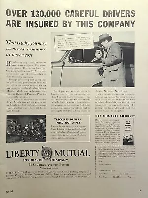 Liberty Mutual Insurance Company Auto No Reckless Drivers Vintage Print Ad 1936 • $21.77