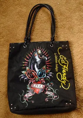 ED HARDY Love Kills Slowly BLACK PANTHER Tote Bag Purse ROSES Black • $31.99