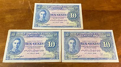 Rare Set Of 3 Malaya Straits Settlements July 1st 1941 Ten Cents Banknotes A30 • £20