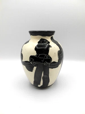 $55 • Buy Vtg. 1985 Art Studio White Glaze Black Figures & Cars Picasso Style Vase Signed