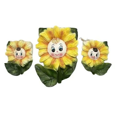 Vintage Set Of 3 MCM Anthropomorphic Sunflower Ceramic Wall Pockets Japan • $58