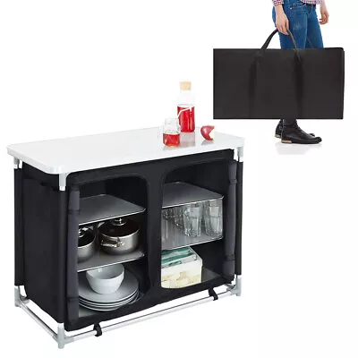 Black Outdoor 3-Shelf Camping Cupboard Kitchen Table Storage Aluminium Folding • £58.95